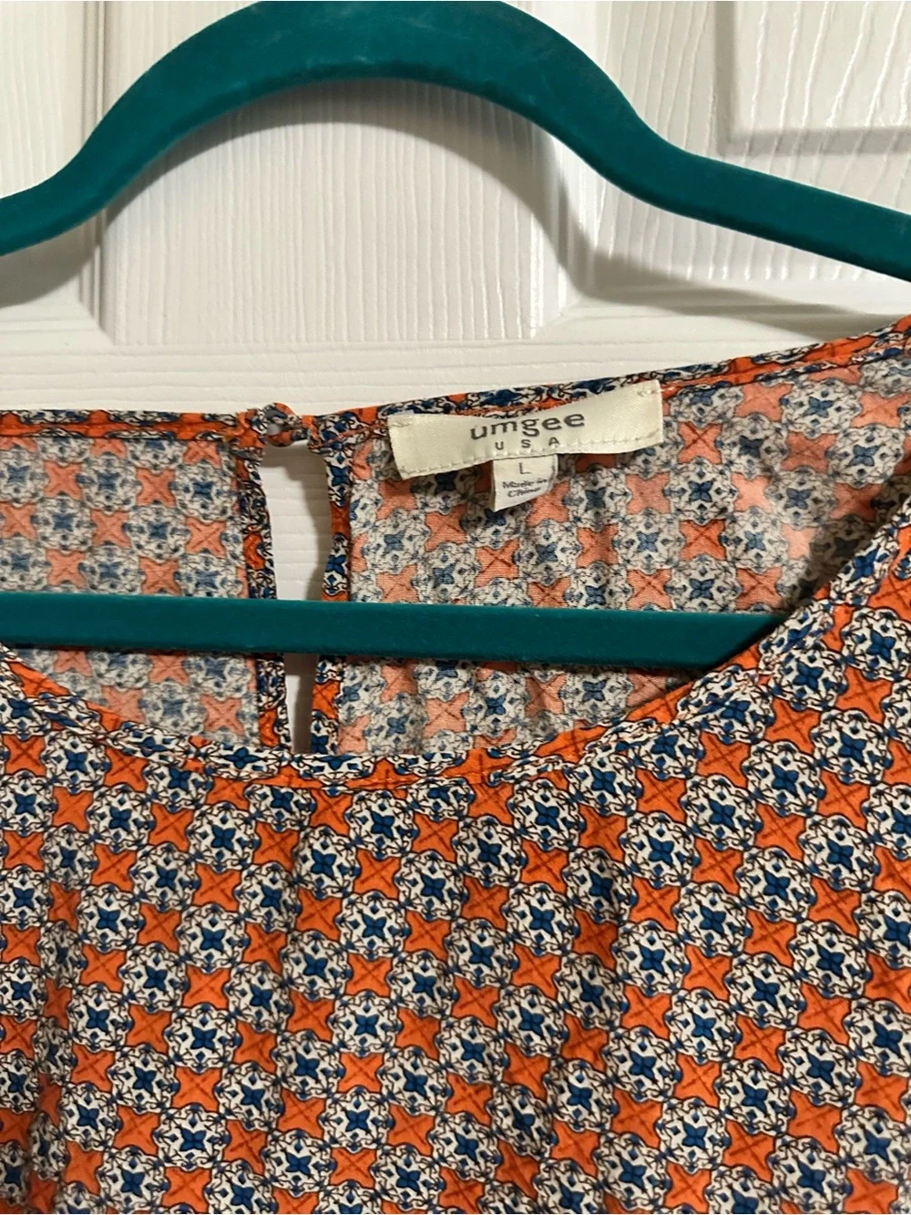 Umgee Boho Peasant Mini A-line Dress Size Large Blue & Orange Geometric - Picture 5 of 8